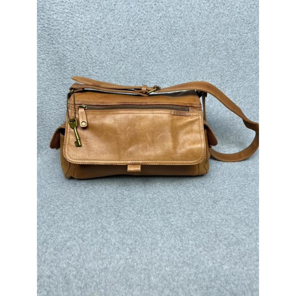 Vintage Fossil Leather Shoulder Messenger Bag Tote Grunge Brown camel 90s Y2K